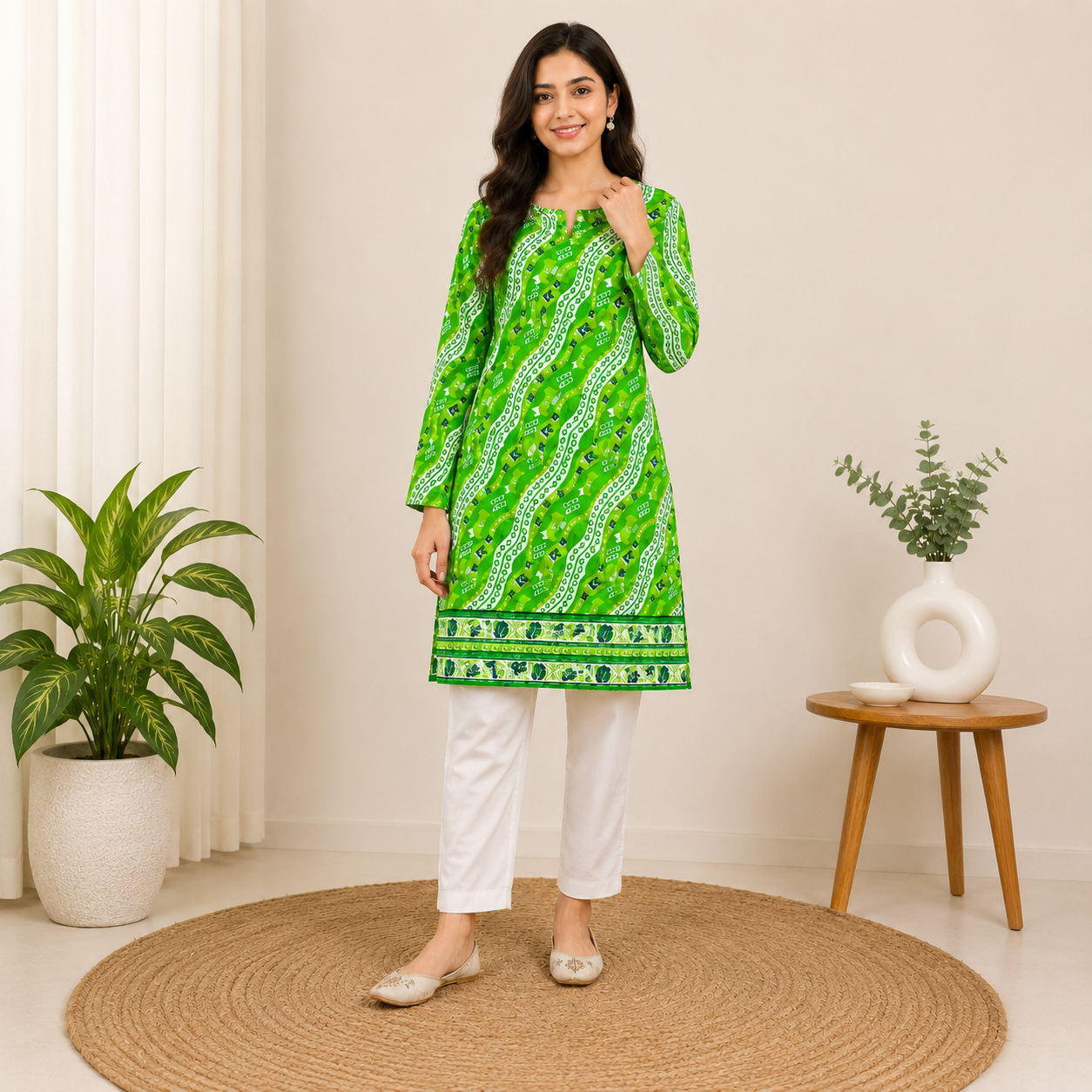 Women’s Green Crescent & Star Printed Kurti – Pakistan Independence Day Collection