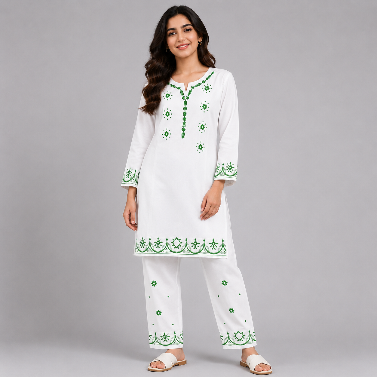 Women's White & Green Embroidered Kurta Trouser Set – Elegant 2 Piece Pakistani Suit