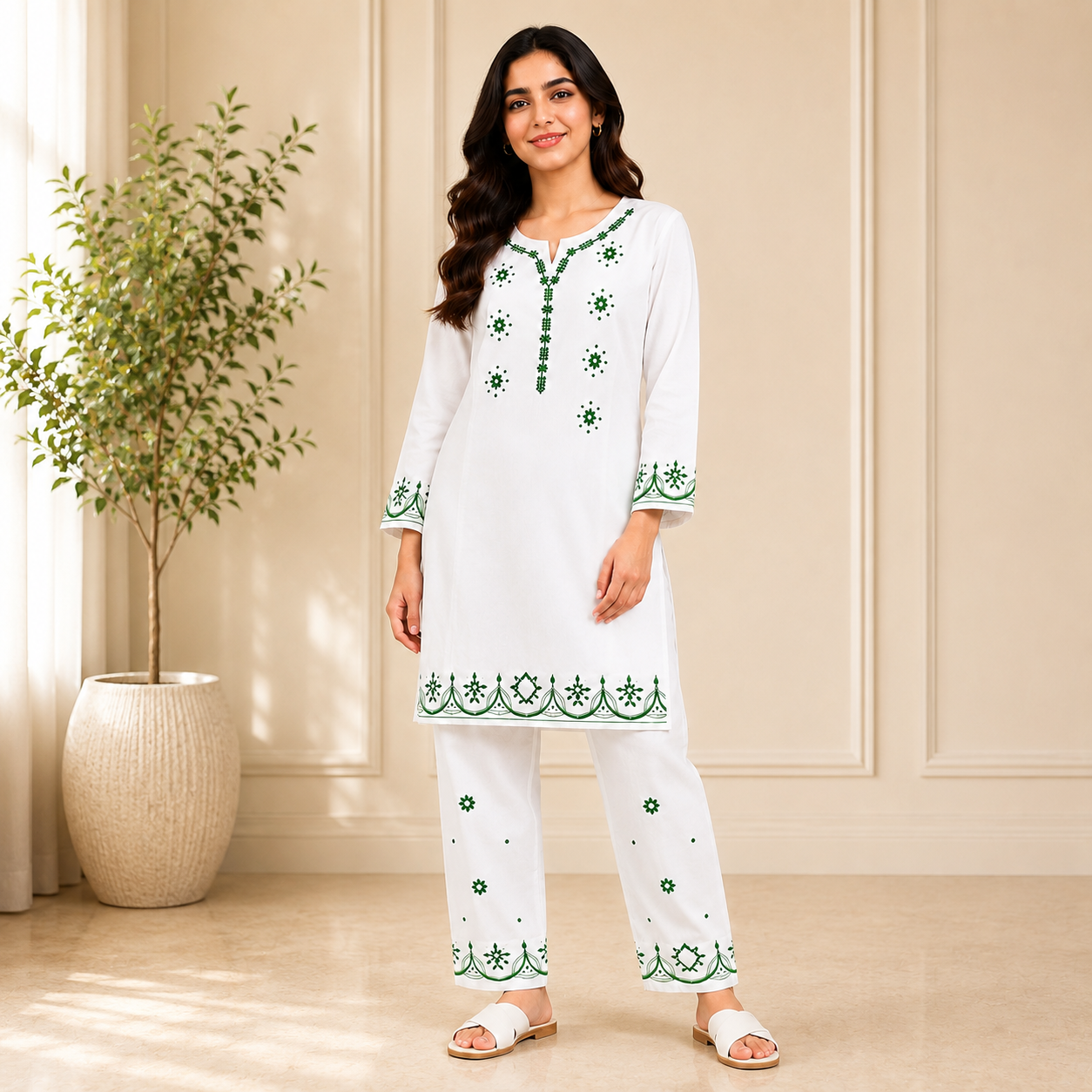 Women's White & Green Embroidered Kurta Trouser Set – Elegant 2 Piece Pakistani Suit