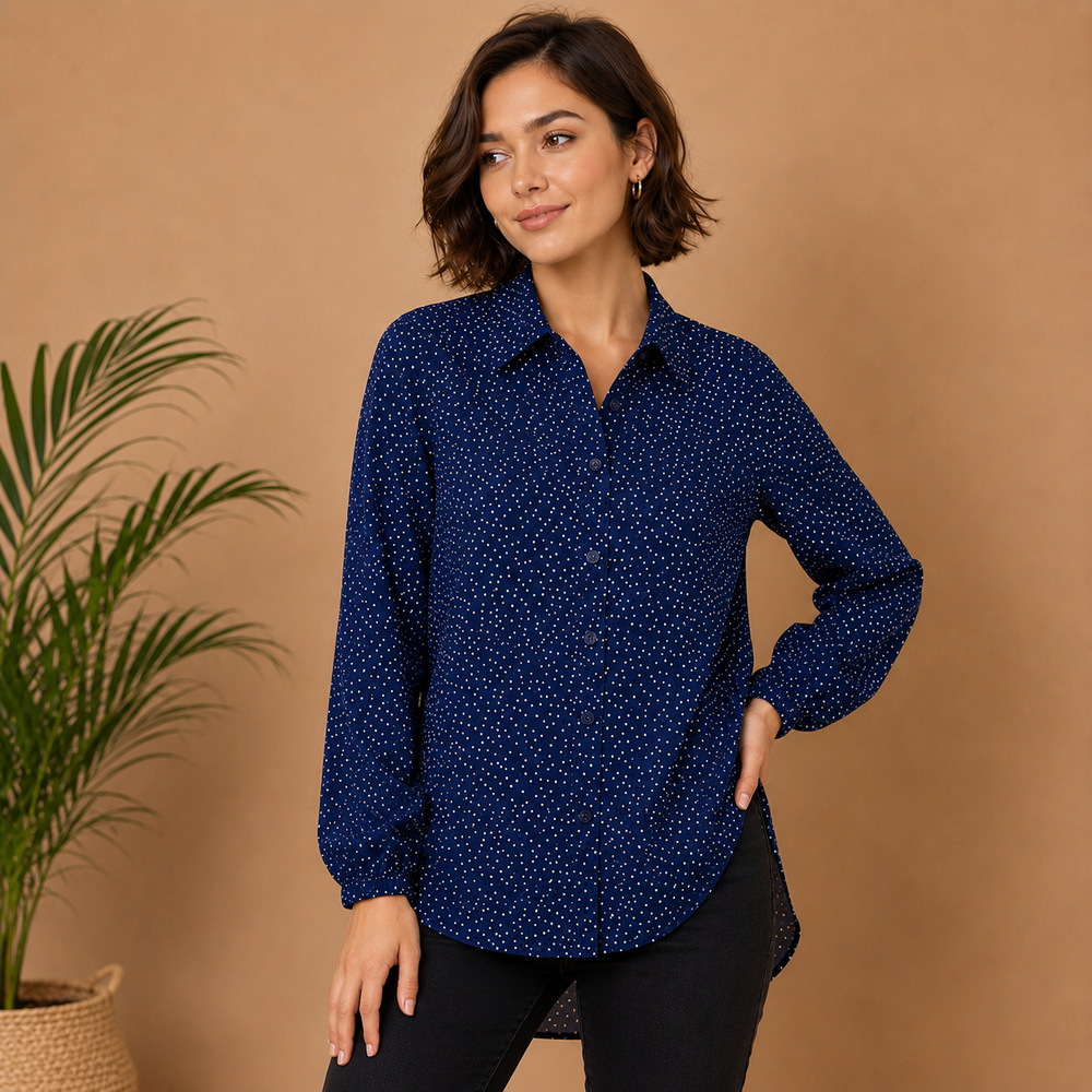 Women’s Navy Blue Polka Dot Shirt | Stylish Long Sleeve Casual Shirt