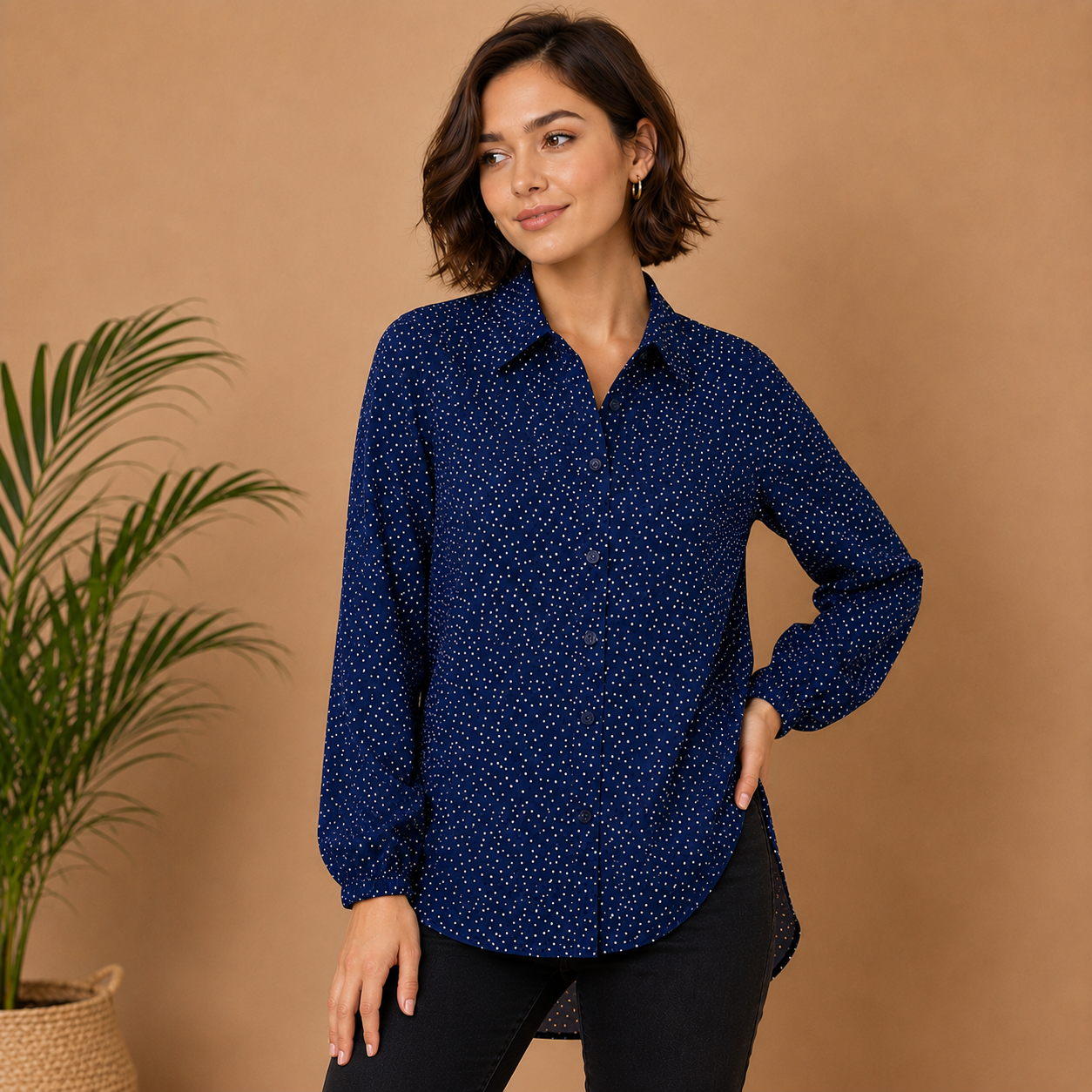 Women’s Navy Blue Polka Dot Shirt | Stylish Long Sleeve Casual Shirt