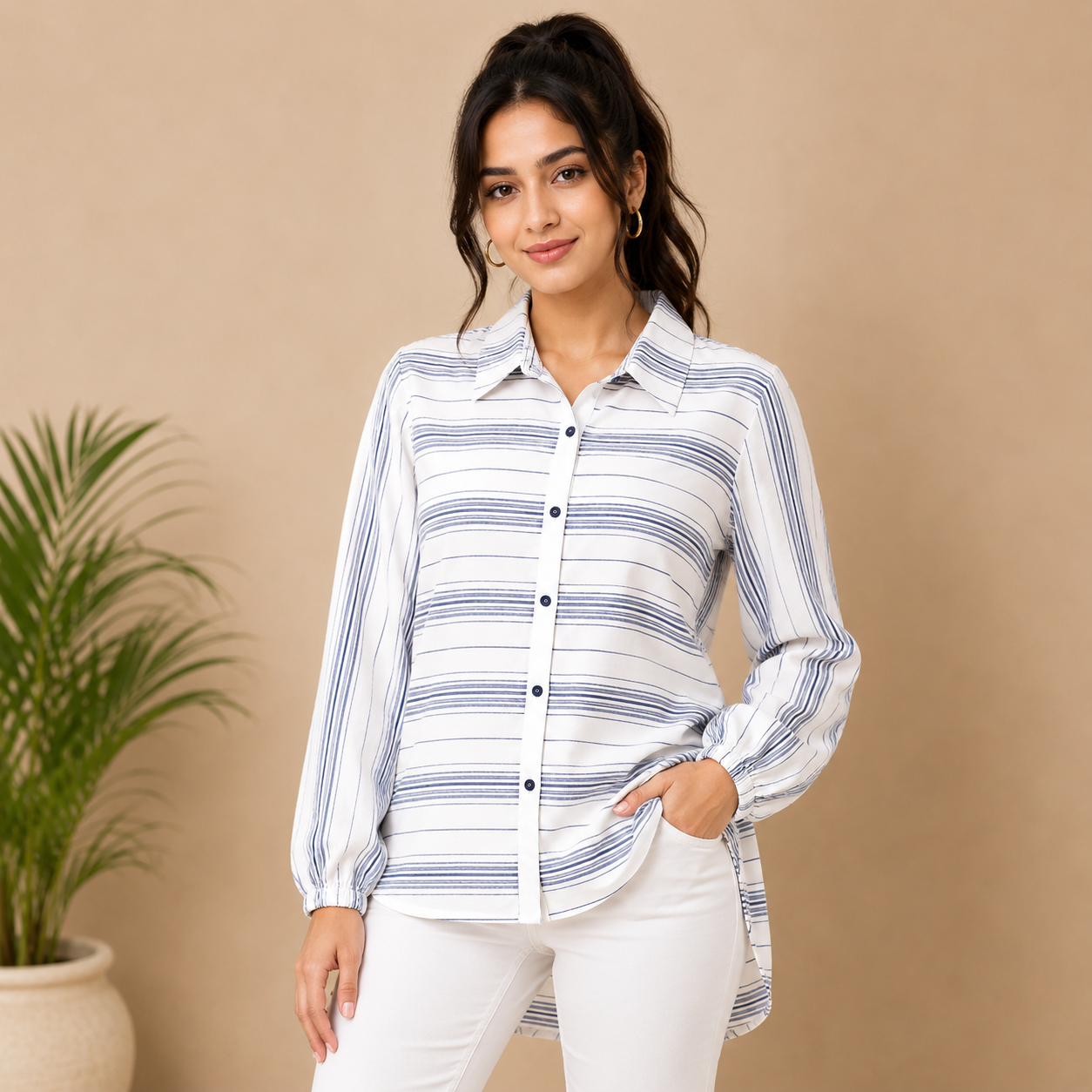 Women’s White & Blue Striped Long Shirt – Full Sleeve Button Down