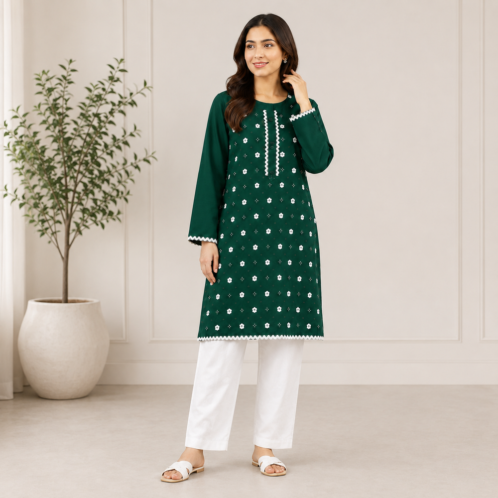 Women's Dark Green Printed Kameez Set with White Trouser – Soft & Comfortable