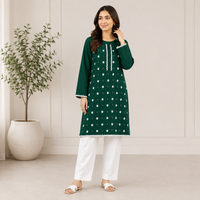 Women's Dark Green Printed Kameez Set with White Trouser – Soft & Comfortable