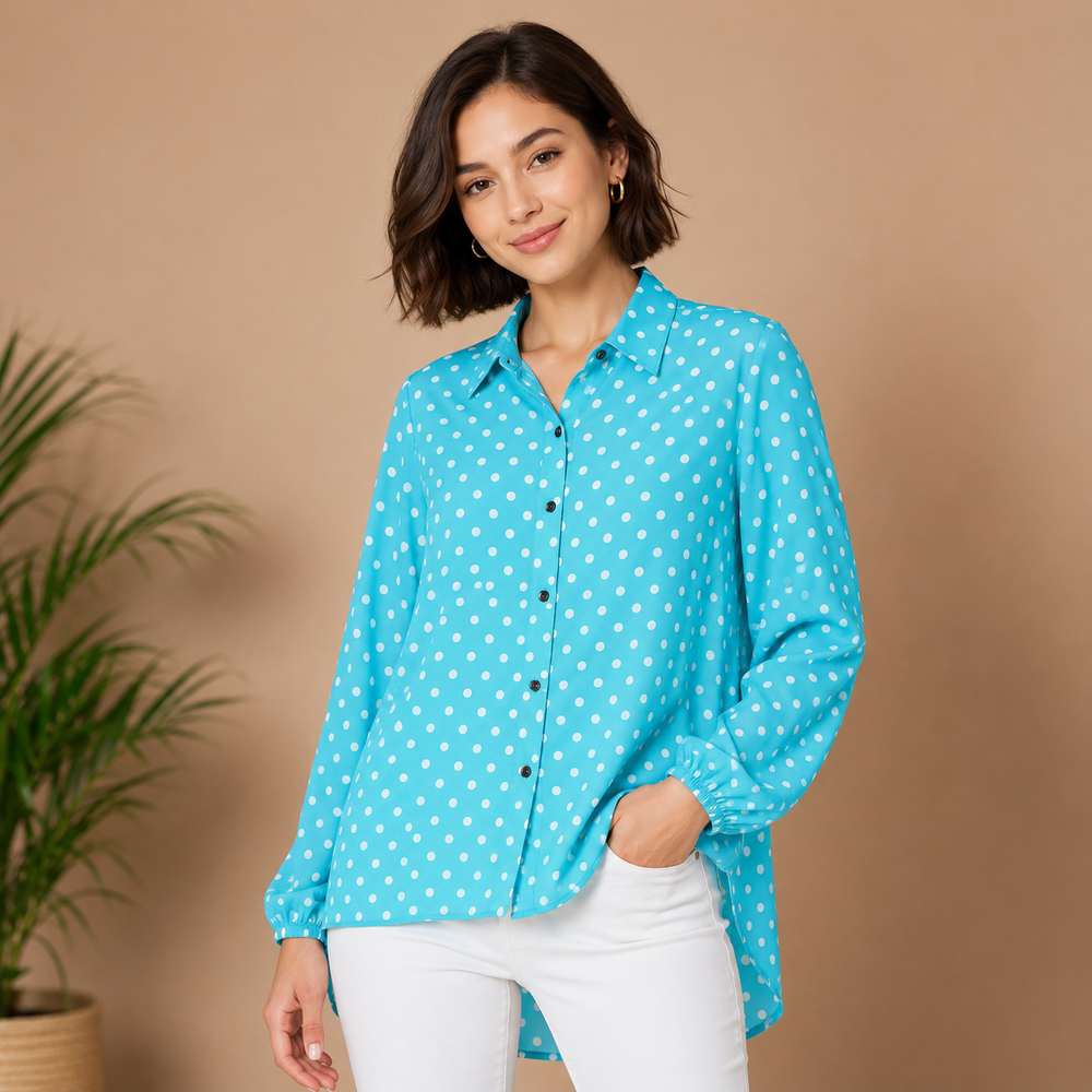 Women’s Turquoise Polka Dot Long Shirt – Full Sleeve Button-Down Top