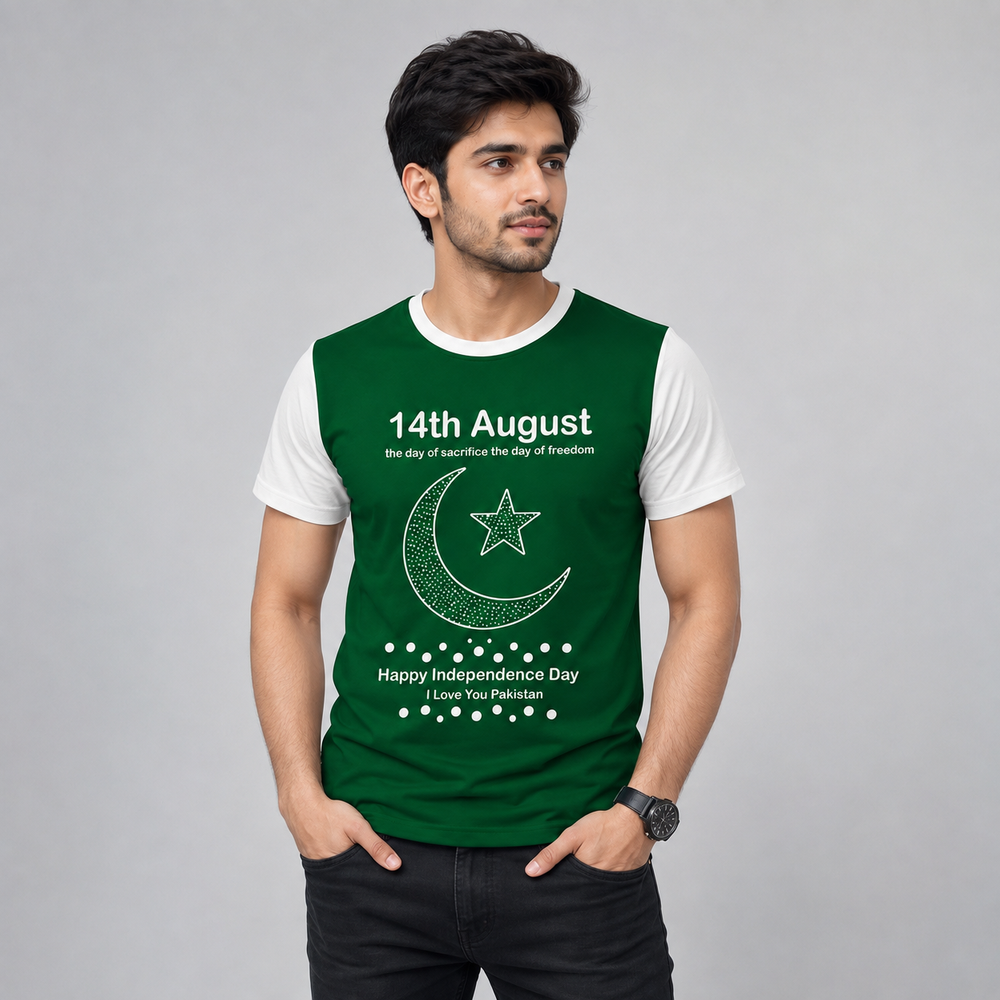 Men's 14th August Pakistan Independence Day Graphic T-Shirt – Green & White Half Sleeves