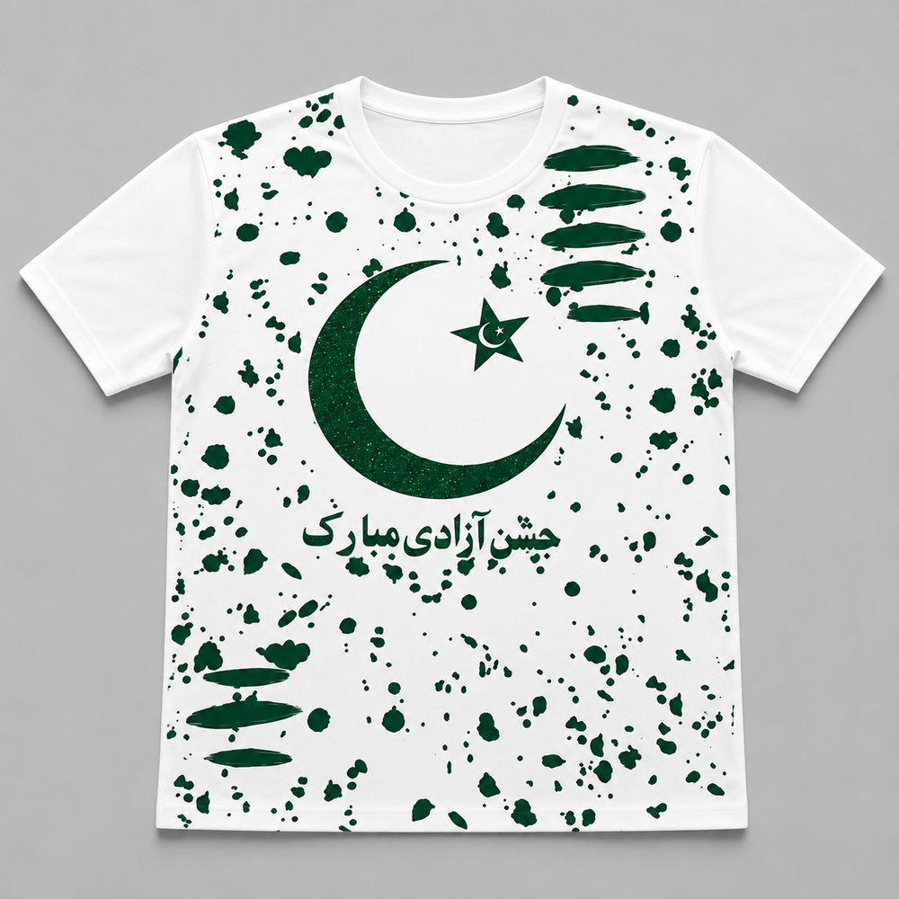 Men's 14th August Pakistan Independence Day Graphic T-Shirt – Green & White Half Sleeve