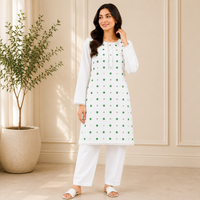 White Printed Kameez Set with White Trouser for Women – Elegant 2 Piece Suit
