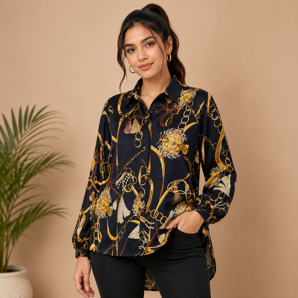 Women’s Navy Blue Chain Print Long Shirt – Full Sleeve