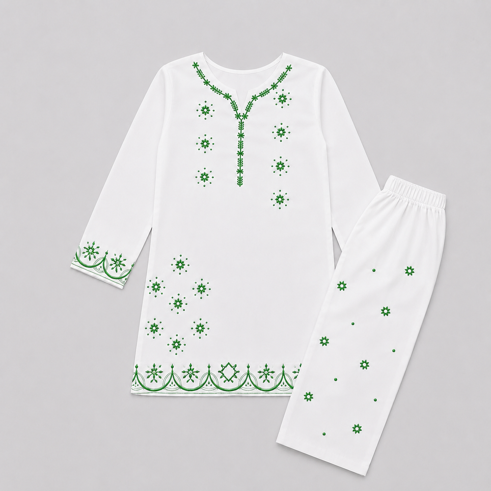 Women's White & Green Embroidered Kurta Trouser Set – Elegant 2 Piece Pakistani Suit