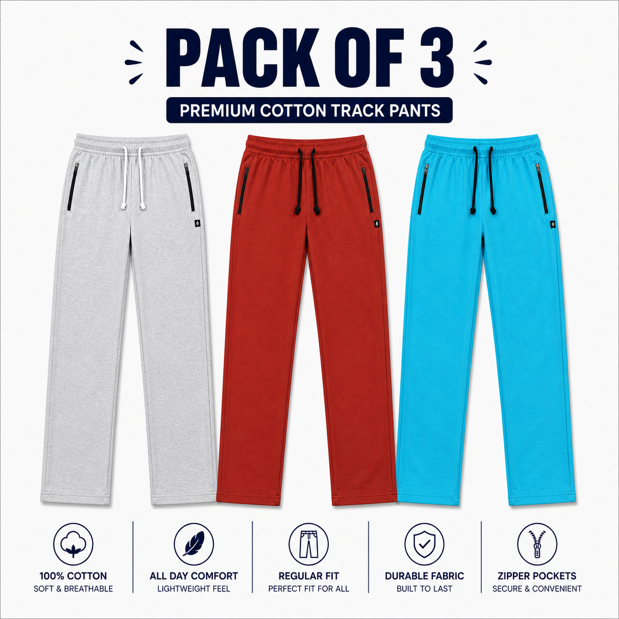 Pack of 3 Women’s Premium Cotton Trousers – Soft Comfortable Daily Wear Pants