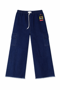Girls Wide-Leg Denim Cargo Jeans – Elastic Waist Casual Fit