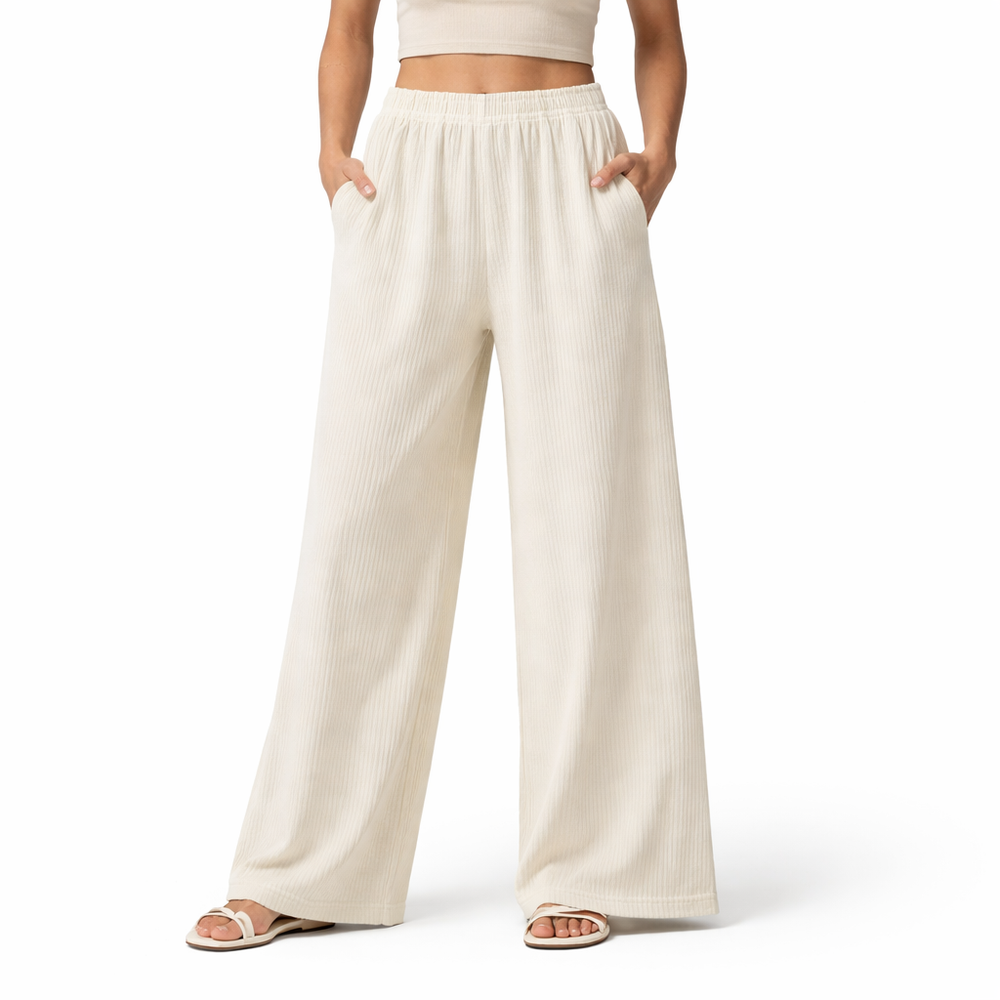 Women Ribbed Wide Leg Pants – Soft Stretch Casual Trousers