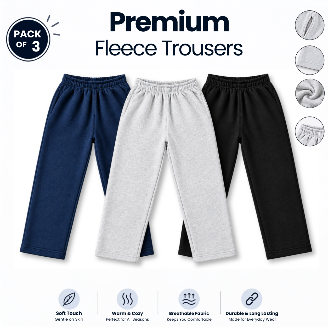 Premium Fleece Trousers for Men Pack of 3 Soft, Warm & Comfortable