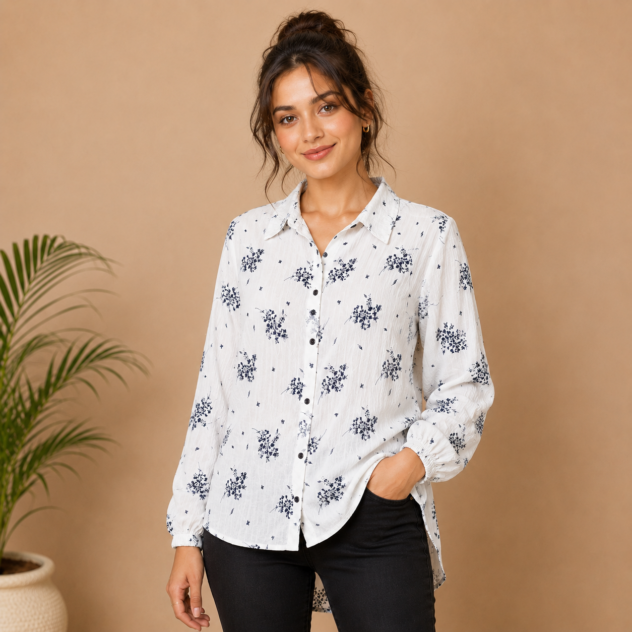 Women’s White & Navy Floral Printed Long Shirt – Full Sleeve