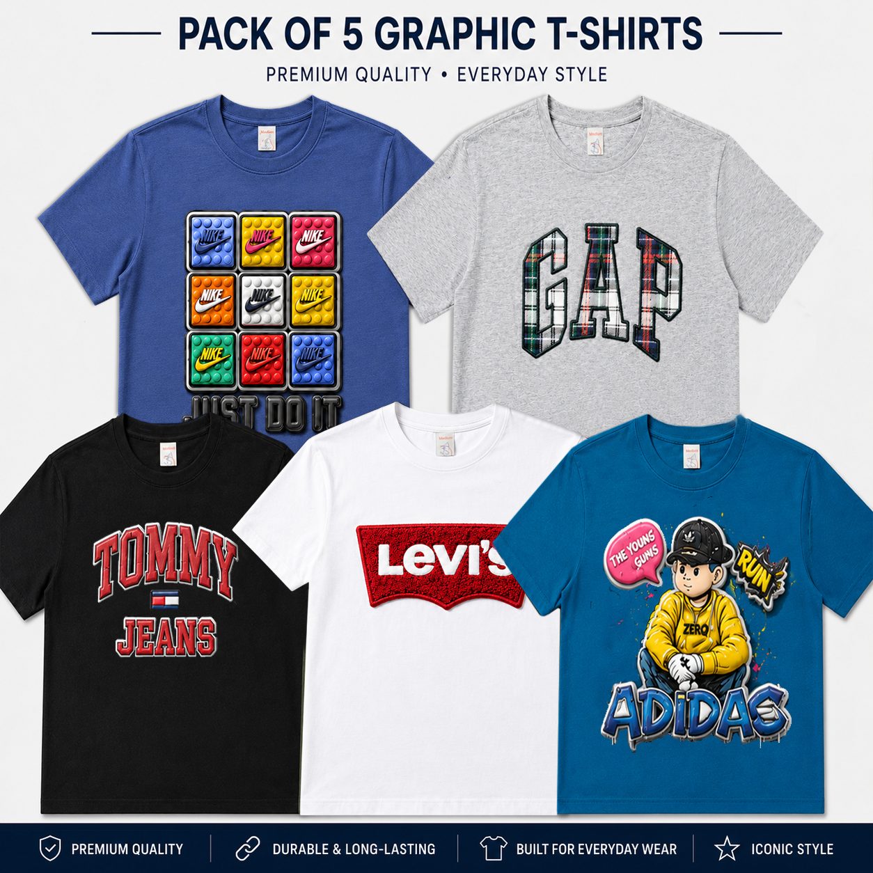 Pack of 5 Men's Boys Branded T-Shirts