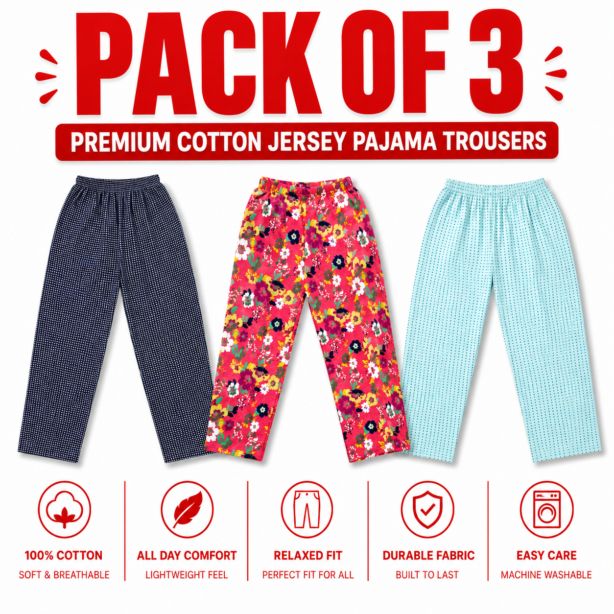 Pack of 3 printed Ladies Cotton Trousers – Soft Stretch Casual Pajama Pants for Women