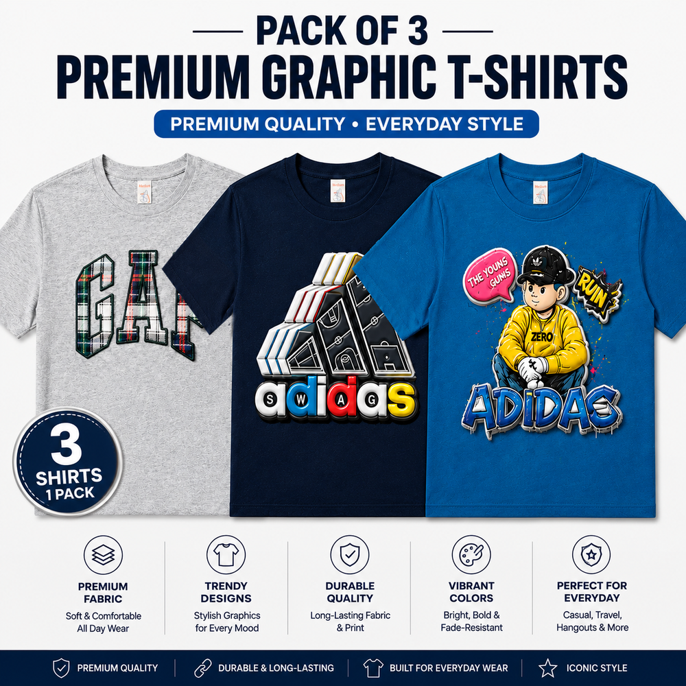 Pack of 3 Men's Premium 3D Embossed Sticker Graphic T-Shirts