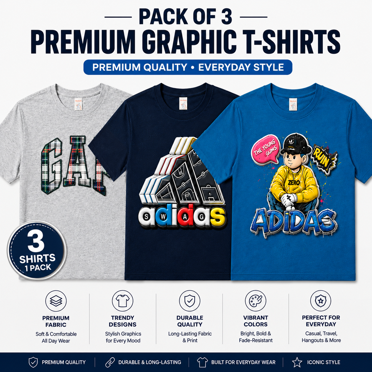 Pack of 3 Men's Premium 3D Embossed Sticker Graphic T-Shirts