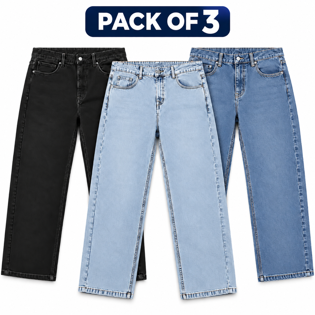 Pack of 3  Unisex Jeans – Black, Light Blue & Light Navy