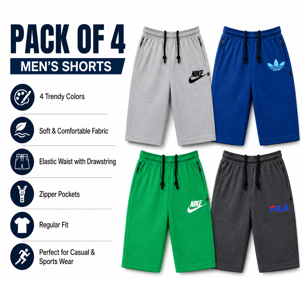 Pack of 4 Men Shorts Cotton with Zipper Pockets – Casual Gym & Daily Wear Pakistan