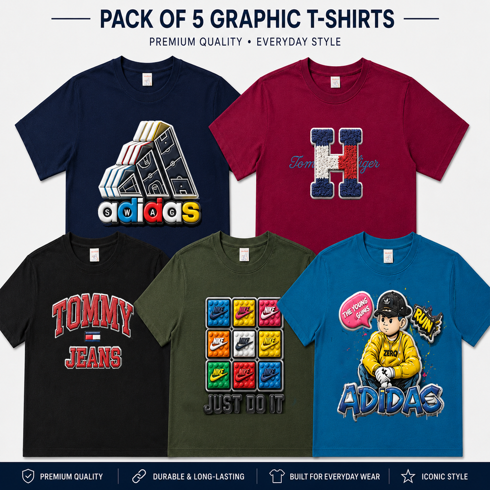 Pack of 5 Men's Premium 3D Embossed Sticker Graphic T-Shirts
