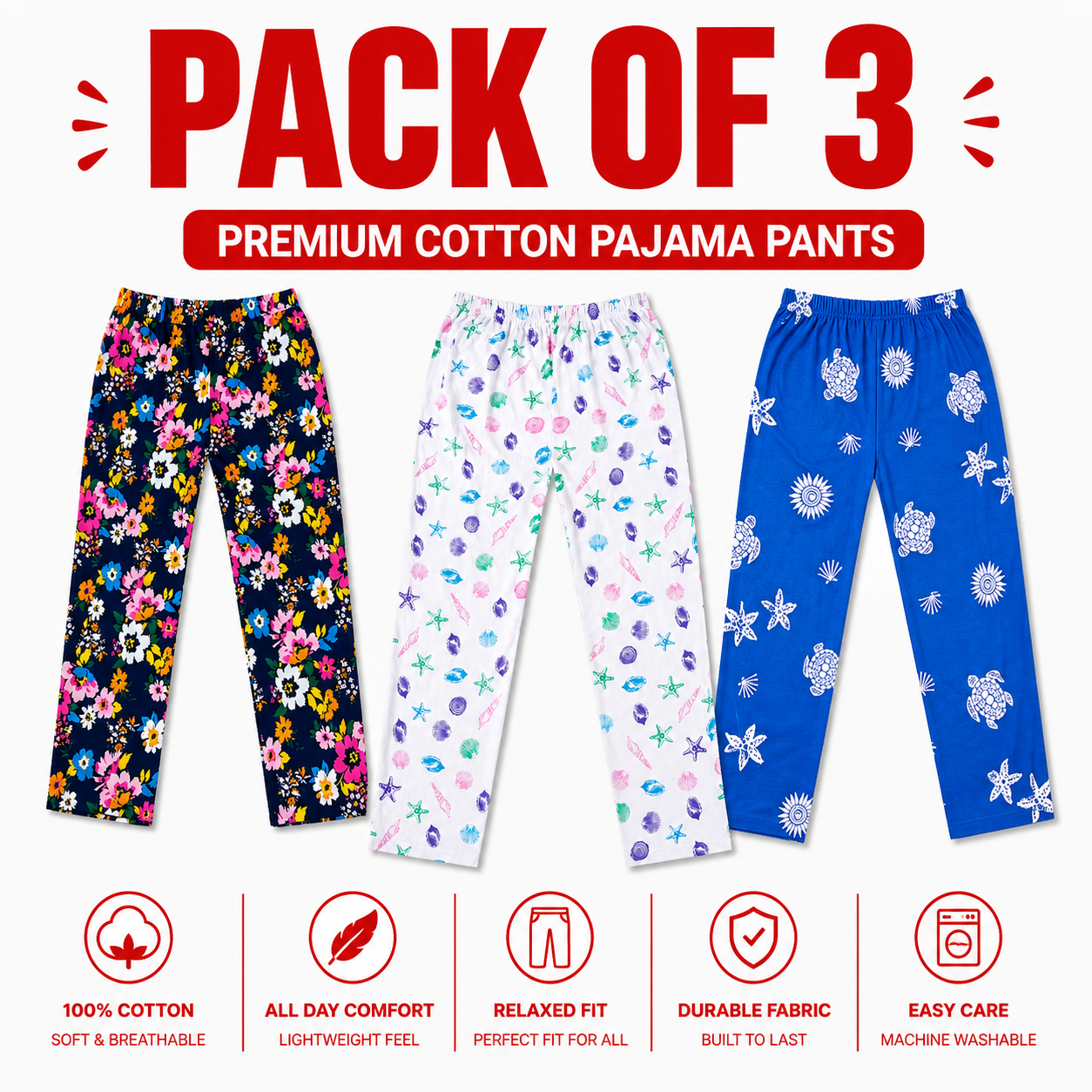 Pack of 3 printed Ladies Cotton Trousers – Soft Stretch Casual Pajama Pants for Women