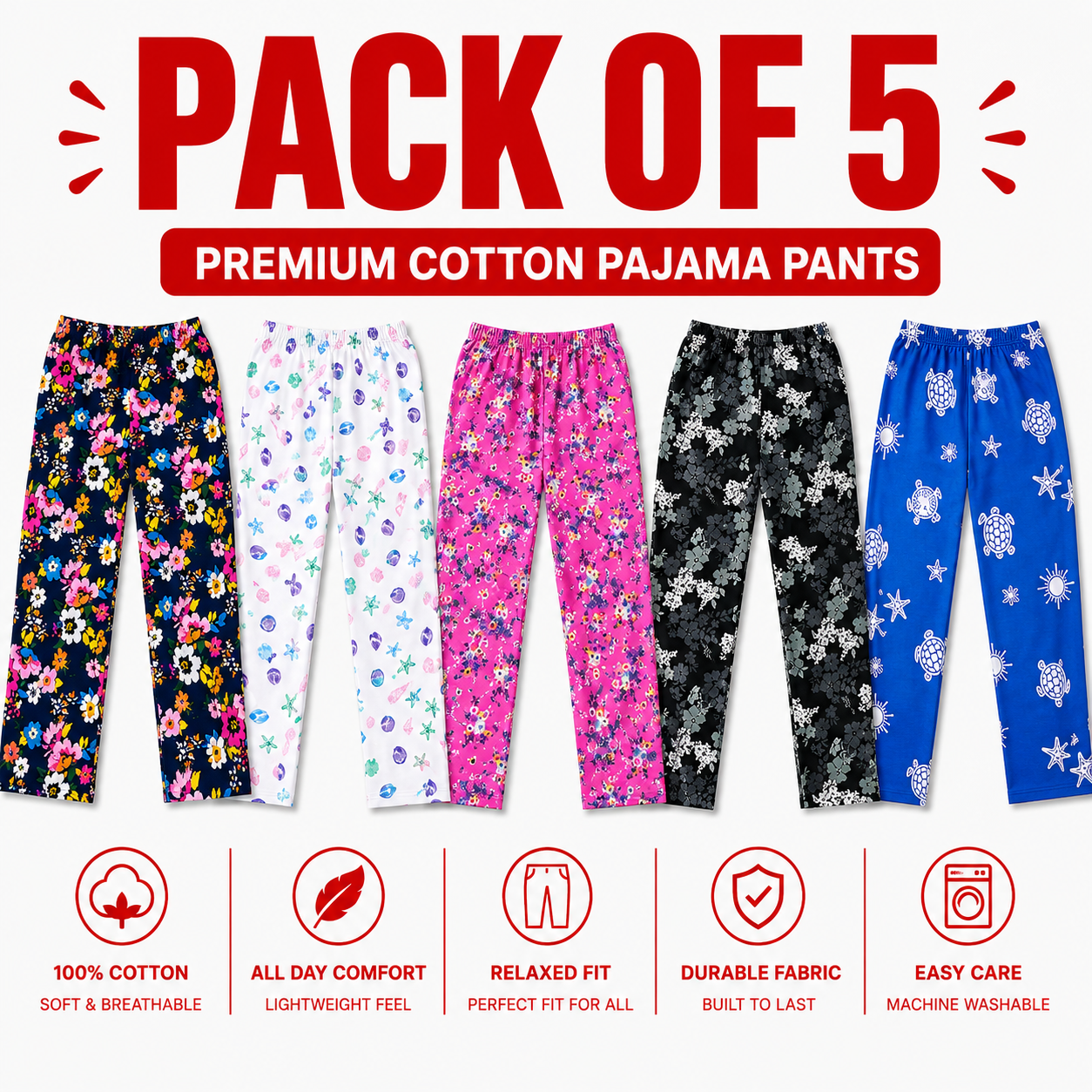 Pack of 5 printed Ladies Cotton Trousers – Soft Stretch Casual Pajama Pants for Women
