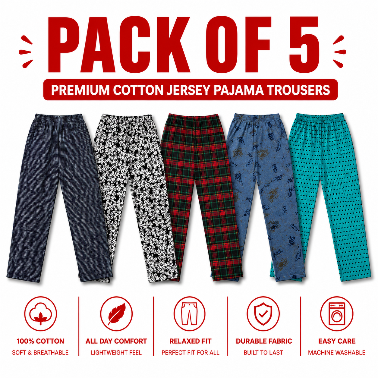 Pack of 5 printed Ladies Cotton Trousers – Soft Stretch Casual Pajama Pants for Women